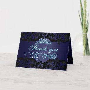Blue Damask & Swirl Thank You Card