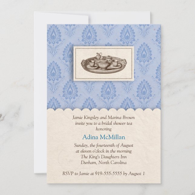 Blue damask tea party invitation (Front)