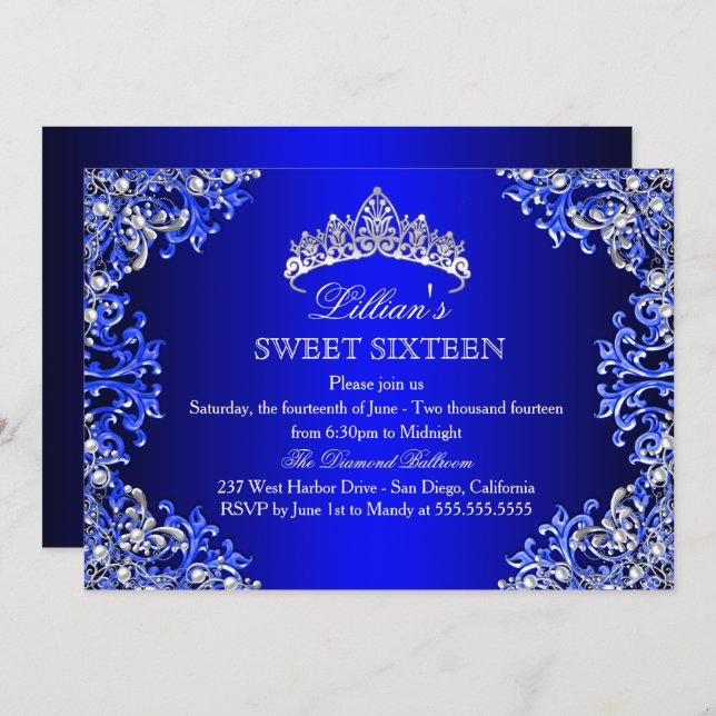 Blue Damask Tiara Sweet 16 Invitation (Front/Back)