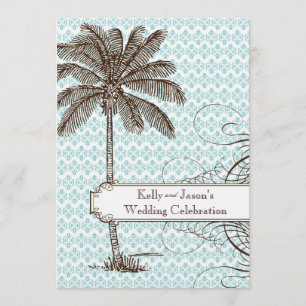 Blue Damask Tropical Palm Wedding Invitation