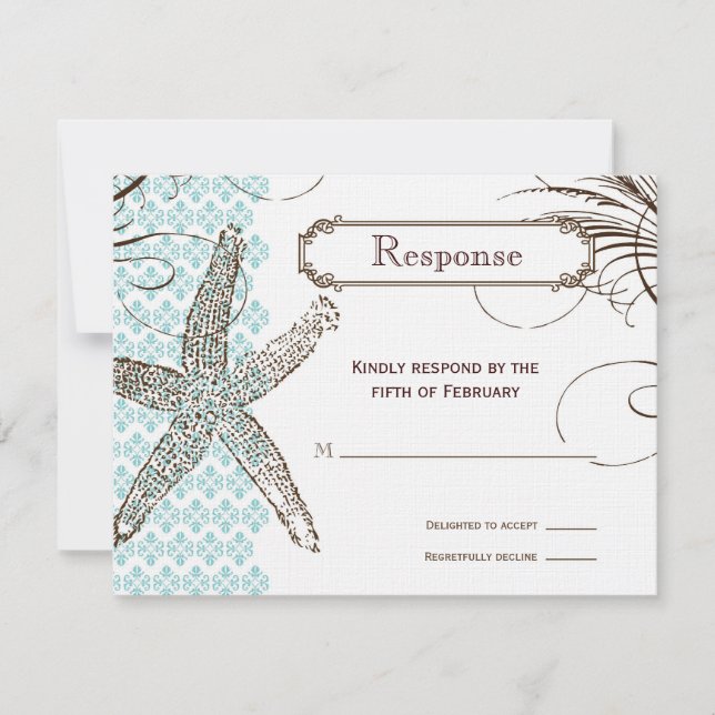 Blue Damask Tropical Wedding Response Card (Front)