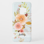 Blue Damask w Peach Floral Roses n Leaf Foliage Case-Mate Samsung Galaxy S9 Case<br><div class="desc">Elegant pale pastel blue with white damask pattern in the background.  A trendy coloured,  hand painted watercolor bouquet featuring roses and flower buds with fall leaves and greenery foliage.  Your name or message over a sheer white background.</div>