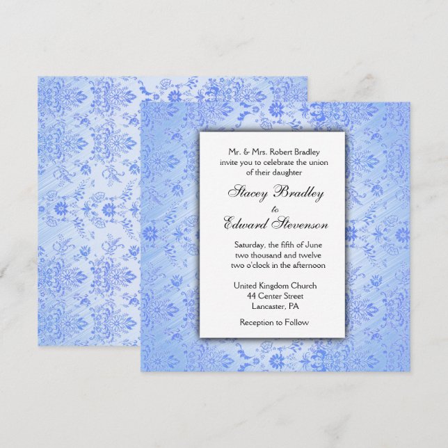 Blue Damask Wedding Invitation (Front/Back)