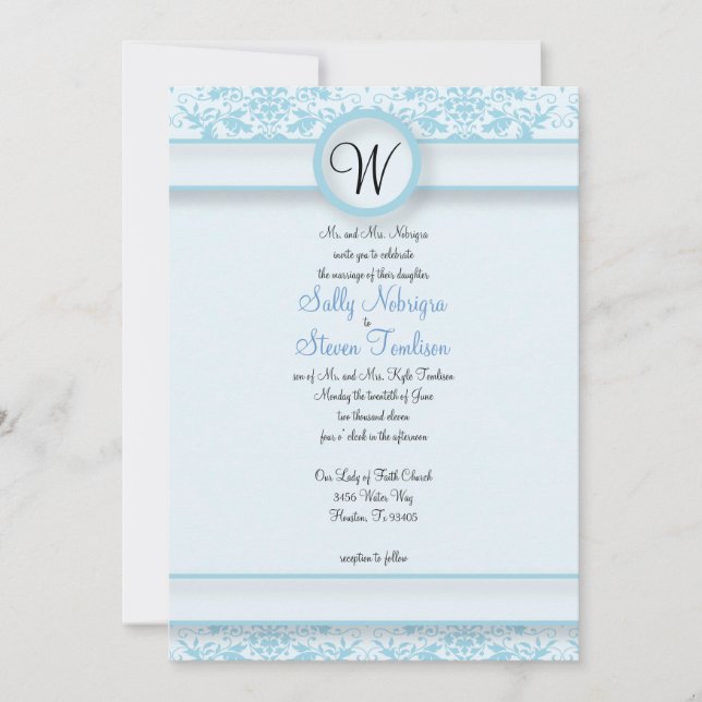 Blue Damask Wedding Invitation (Front)