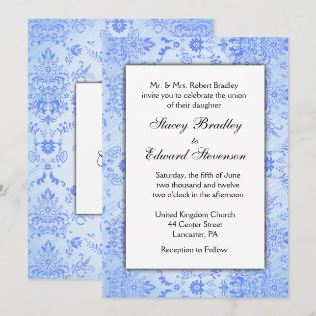 Blue Damask Wedding Invitation (Front/Back)