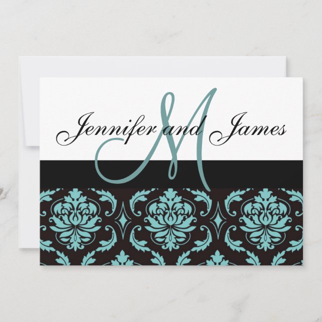 Blue Damask Wedding Invitation with Monogram Names (Front)
