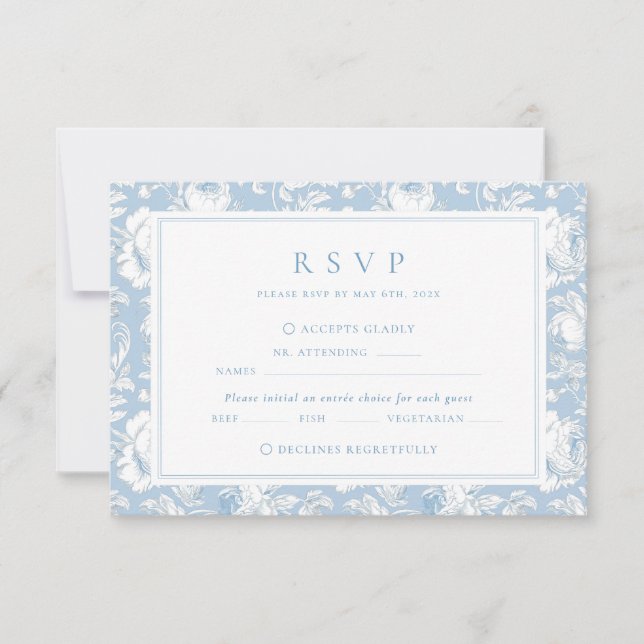 Blue Damask Wedding RSVP Card (Front)