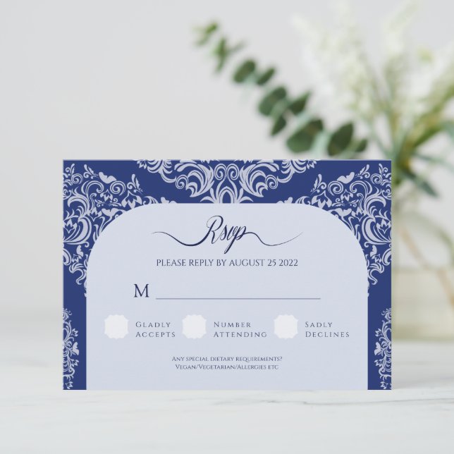 Blue Damask Wedding RSVP Response Card (Standing Front)