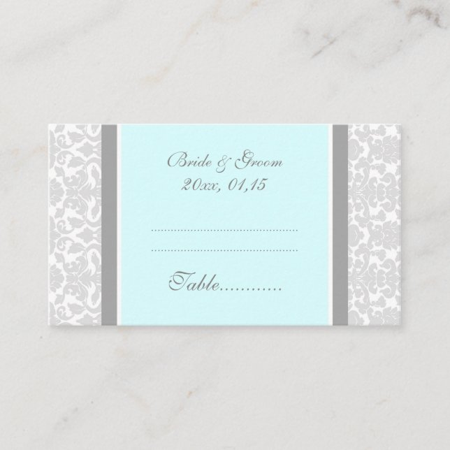 Blue Damask Wedding Table Place Setting Cards (Front)