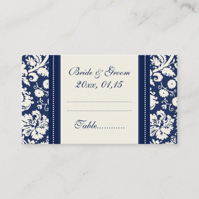 Blue Damask Wedding Table Place Setting Cards (Front)