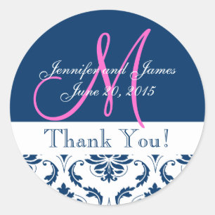 Blue Damask Wedding Thank You Sticker