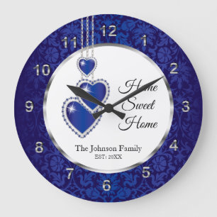 Blue Damask with Hearts - Home Sweet Home Large Clock