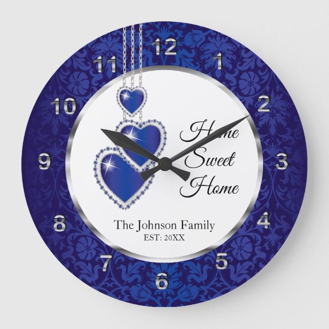 Blue Damask with Hearts - Home Sweet Home Large Clock (Front)
