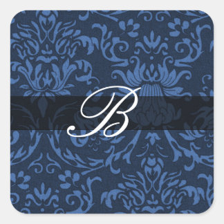 Blue damask with monogram calligraphy B Square Sticker