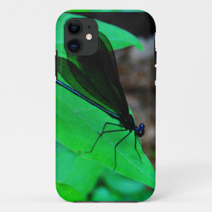 Blue Damselfly on a green leaf. iPhone 11 Case