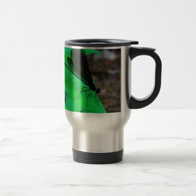 Blue Damselfly on a green leaf. Travel Mug (Right)