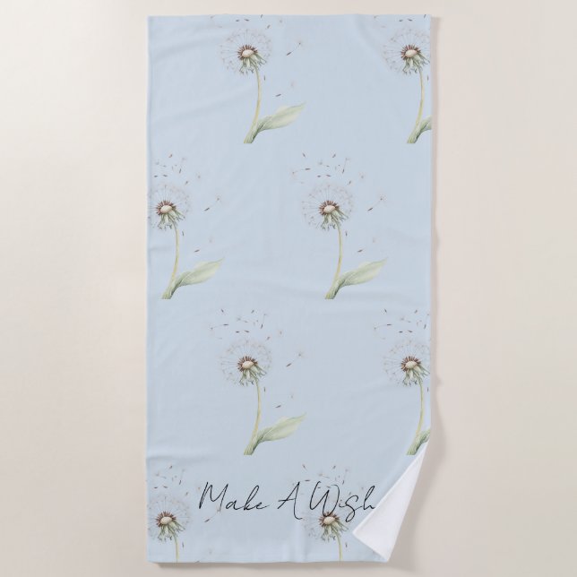 Blue Dandelion Flower Wish Beach Towel (Front)