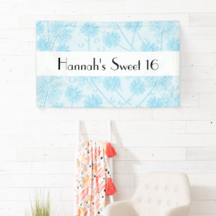 Blue Dandelion Flowers, Floral Sweet 16 Banner