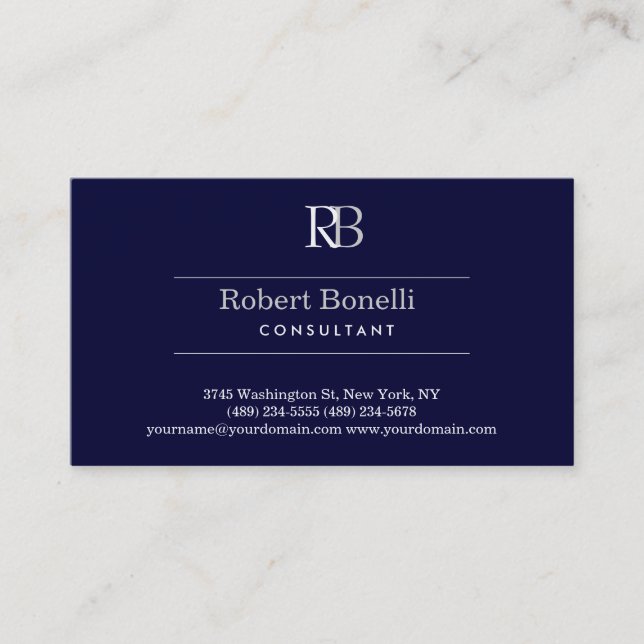 Blue Dark Grey Monogram Business Card (Front)