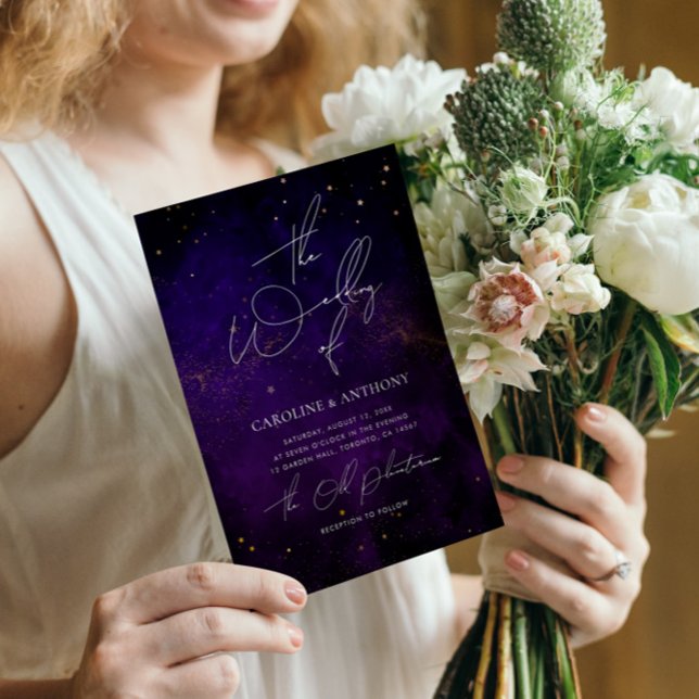 Blue Dark Purple Watercolor Magical Gold Wedding  Invitation (Creator Uploaded)