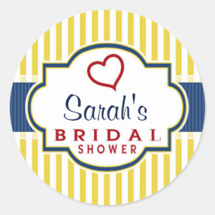 Blue, Dark Red, Yellow Stripes Bridal Shower Classic Round Sticker