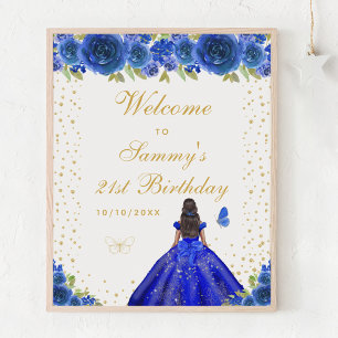 Blue Dark Skin Girl Birthday Party Welcome Poster