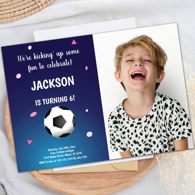 Blue & Dark Soccer Birthday Invitations with Photo (Blue Dark Soccer Birthday Invitations with photo)