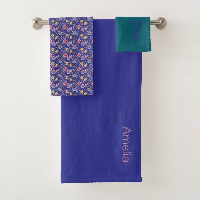 Blue  dark teal simple wildflower pattern name bath towel set (Insitu)