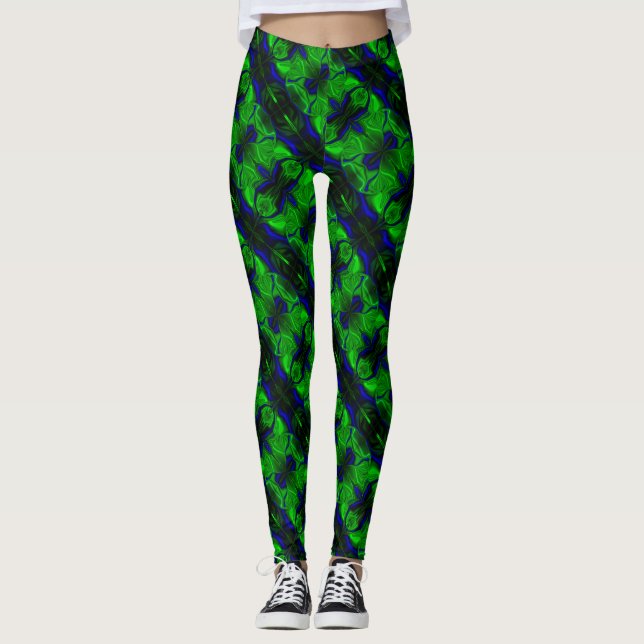 Blue dashes and shapes on a green background. leggings (Front)