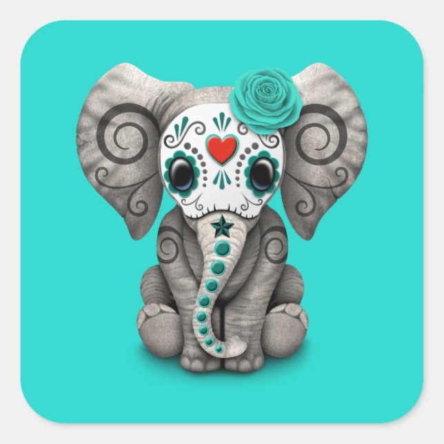Blue Day of the Dead Elephant Square Sticker (Front)