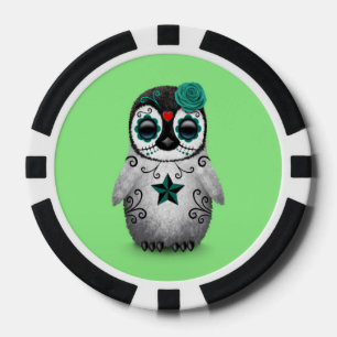 Blue Day of the Dead Sugar Skull Penguin Green Poker Chips