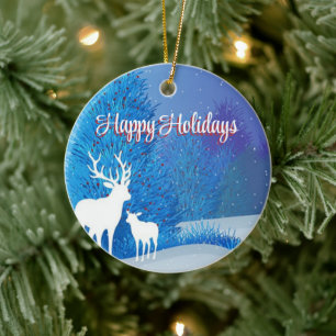 Blue Day with Reindeer Ceramic Tree Decoration