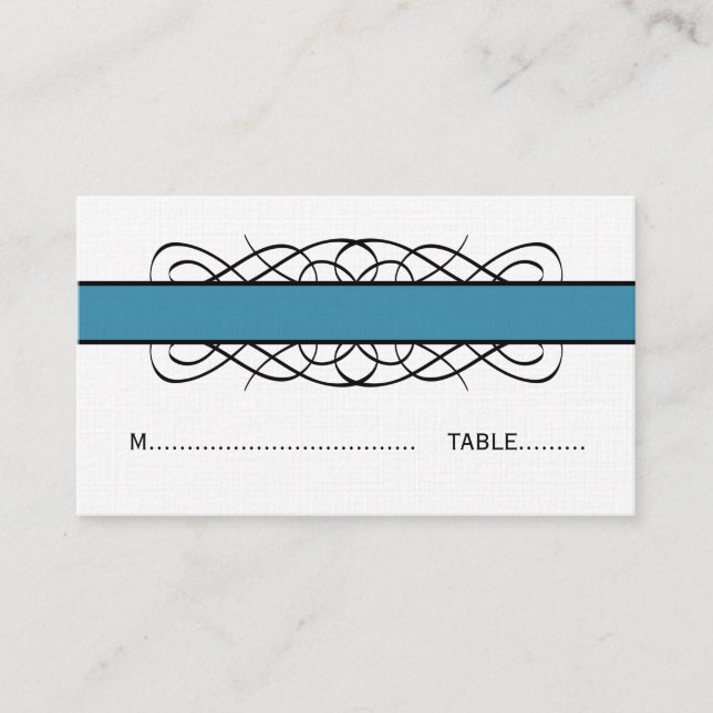 Blue Deco Flourish Place Card (Front)