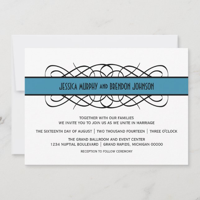 Blue Deco Flourish Wedding Invite (Front)