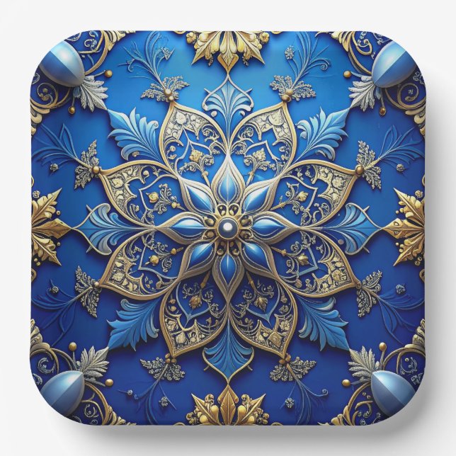 Blue Decorative Christmas Holiday Paper Plate (Front)