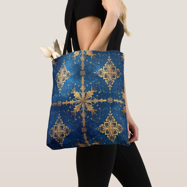 Blue Decorative Christmas Holiday Tote Bag (Close Up)