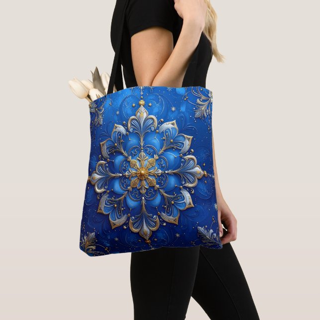 Blue Decorative Christmas Holiday Tote Bag (Close Up)