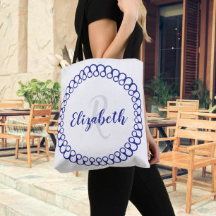 Blue Decorative Circle Personalise Monogram Tote Bag