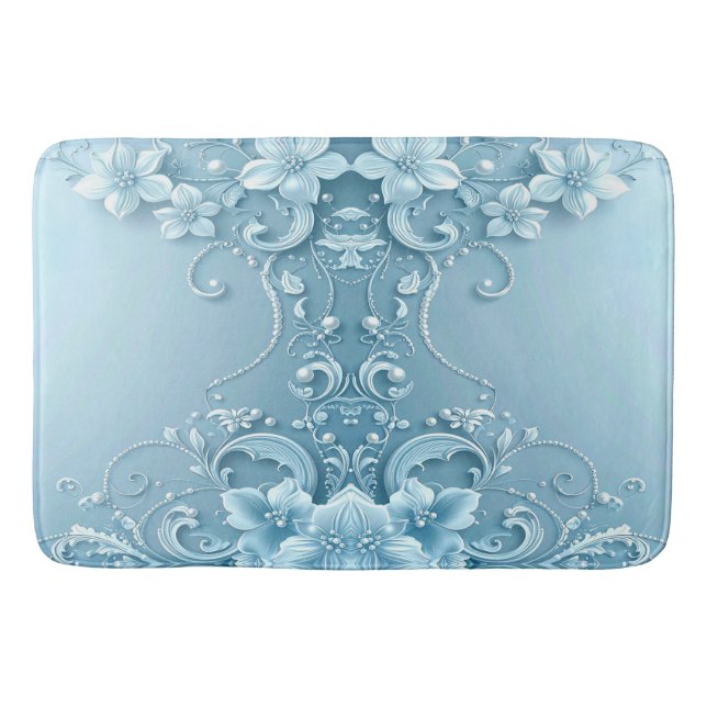 Blue Decorative Floral Bath Mat (Front)