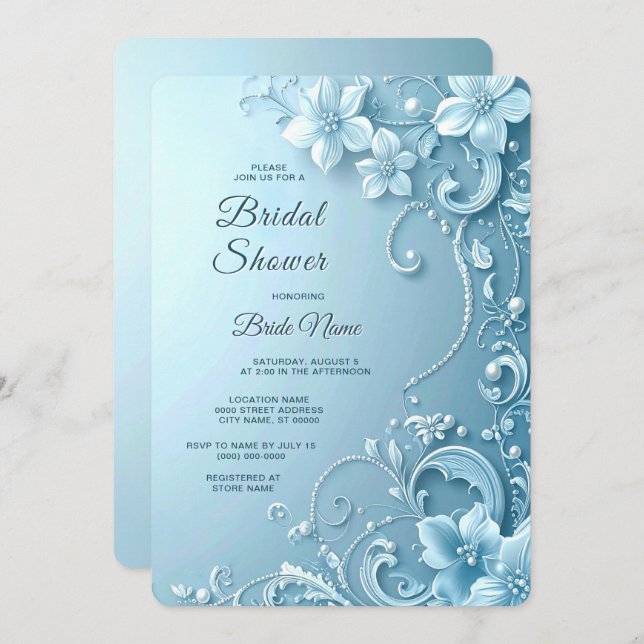 Blue Decorative Floral Bridal Shower Invitation (Front/Back)
