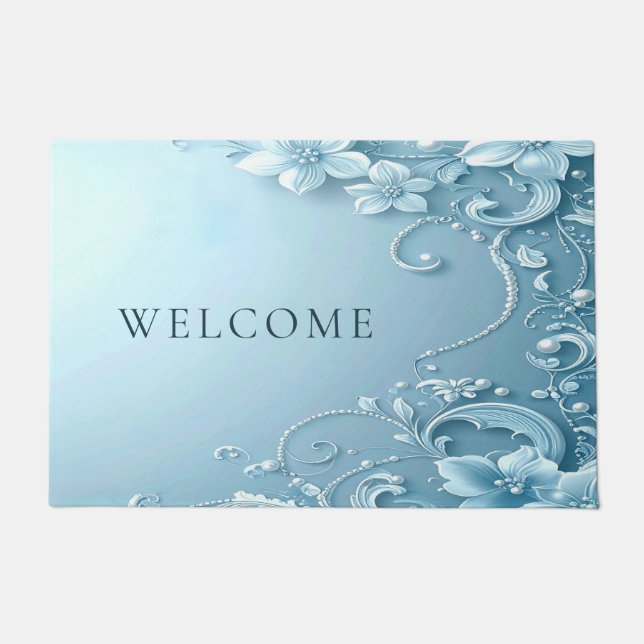 Blue Decorative Floral Doormat (Front)