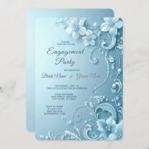 Blue Decorative Floral Engagement Invitation