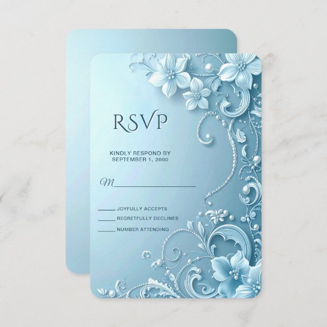 Blue Decorative Floral RSVP Card (Front/Back)