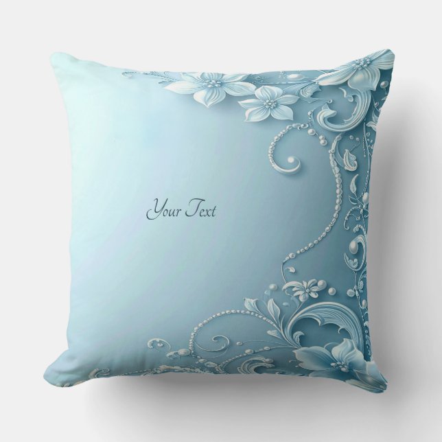 Blue Decorative Floral Throw Pillow (Front)