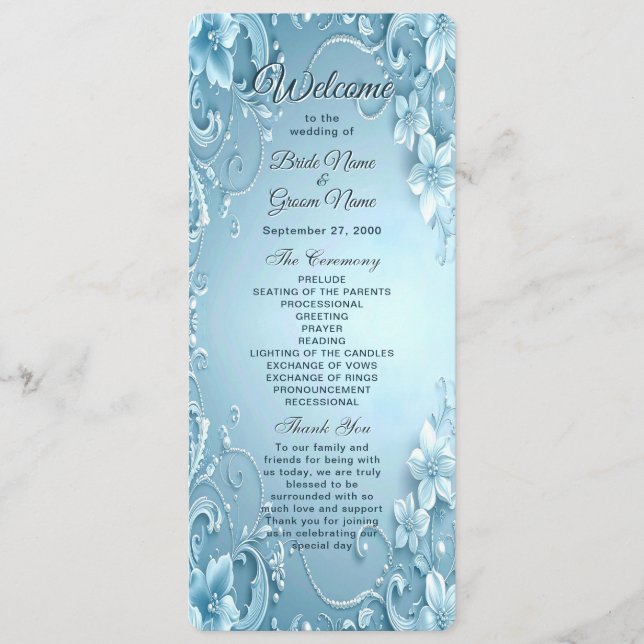 Blue Decorative Floral Wedding Program Programme (Front)