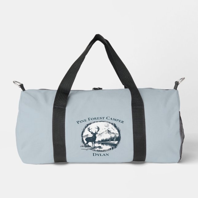Blue Deer Woods & Mountains Custom Text & Name Duffle Bag (Front)