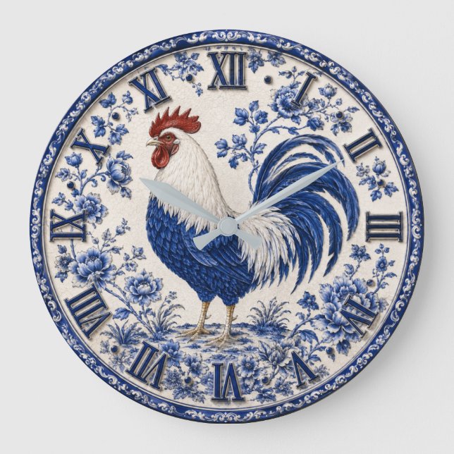 Blue Delft Rooster Farmhouse Large Clock (Front)