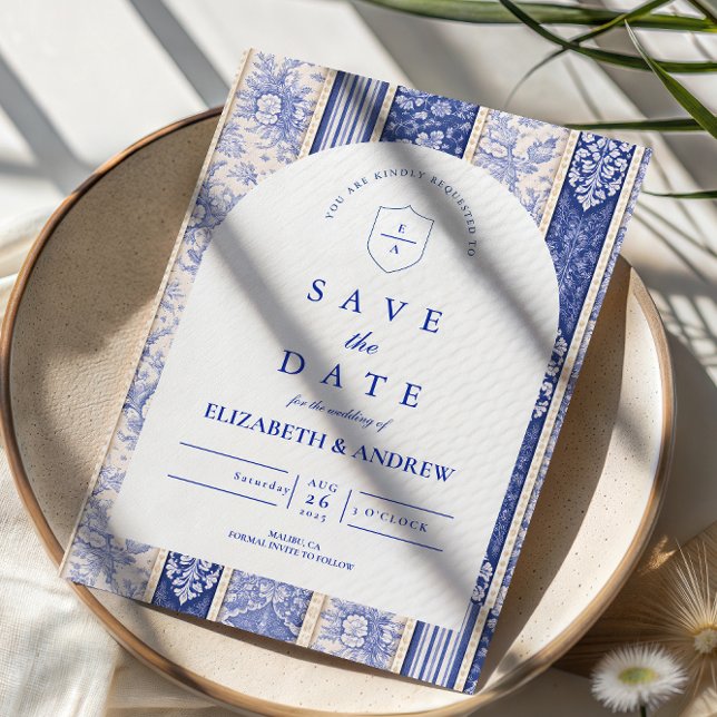 Blue Delft Tile Patchwork Wedding Save The Date (Creator Uploaded)