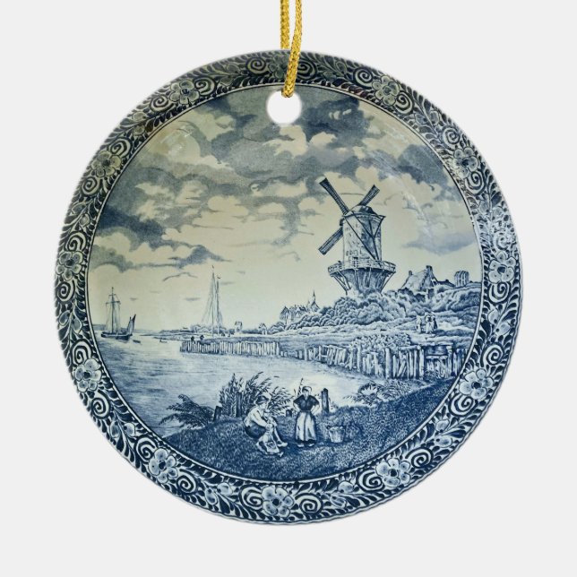 Blue Delft Windmill Dutch Plate Ceramic Tree Decoration (Front)