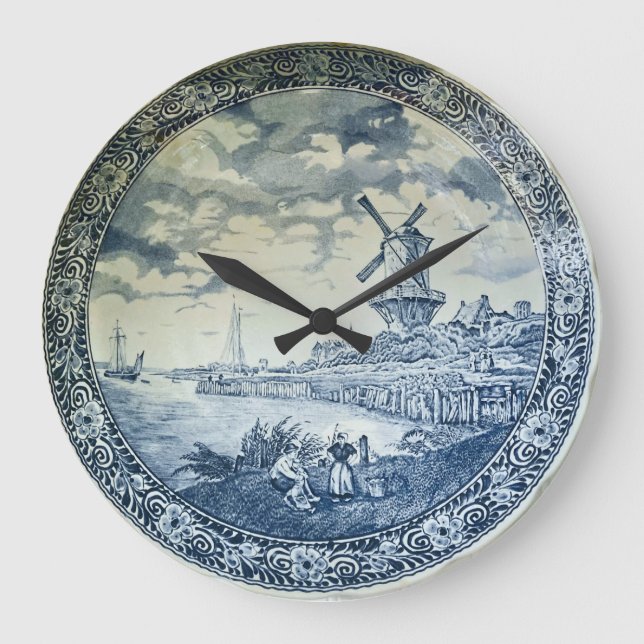Blue Delft Windmill Dutch Plate Large Clock (Front)